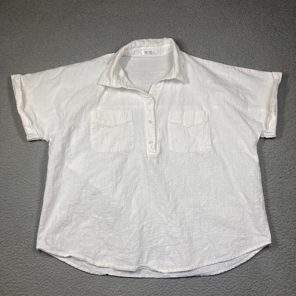 Chigant Top Women's XXL White Cotton Short Sleeve Beachy Coastal Relaxed Popover